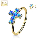 14K Solid Gold Opal or CZ Cross Nose Hoop Ring Ear Cartilage Tragus