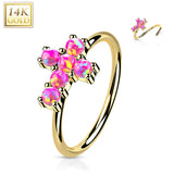 14K Solid Gold Opal or CZ Cross Nose Hoop Ring Ear Cartilage Tragus