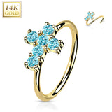 14K Solid Gold Opal or CZ Cross Nose Hoop Ring Ear Cartilage Tragus