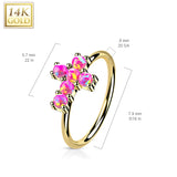 14K Solid Gold Opal or CZ Cross Nose Hoop Ring Ear Cartilage Tragus