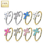 14K Solid Gold Opal or CZ Cross Nose Hoop Ring Ear Cartilage Tragus