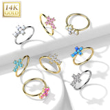 14K Solid Gold Opal or CZ Cross Nose Hoop Ring Ear Cartilage Tragus