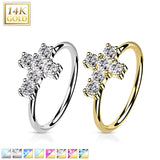 14K Solid Gold Opal or CZ Cross Nose Hoop Ring Ear Cartilage Tragus