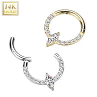 14K Solid Gold Marquise CZ Hinged Segment Hoop Ring Nose Septum Daith