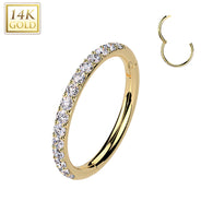14K Solid Gold Out Facing Pave CZ Hinged Hoop Segment Ring Nose Septum Cartilage