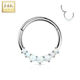 14K Solid Gold Opal CZ Hinged Segment Hoop Ring Nose Septum Daith