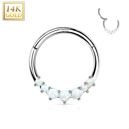14K Solid Gold Opal CZ Hinged Segment Hoop Ring Nose Septum Daith
