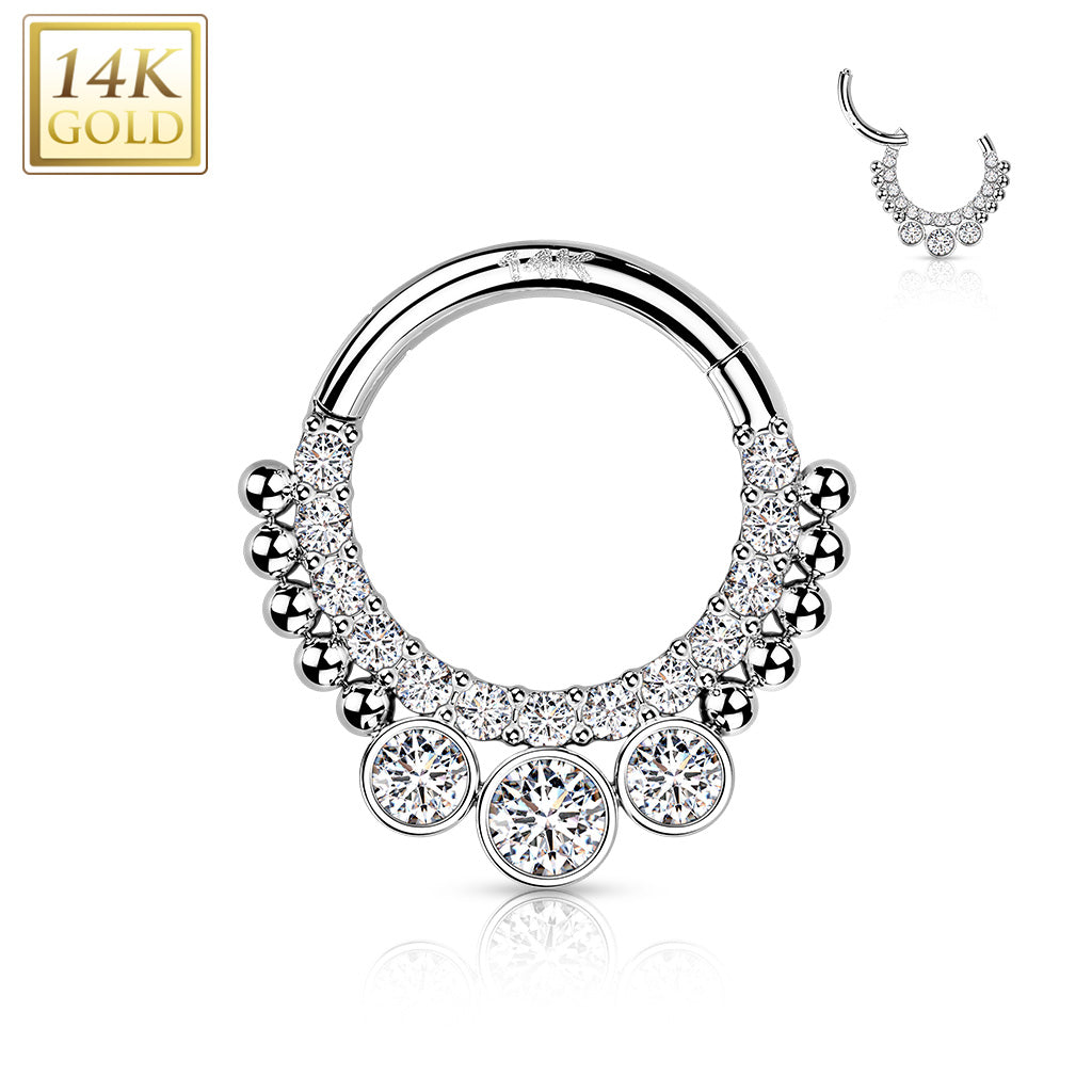 14K Solid Gold Bezel CZ Hinged Segment Hoop Ring Nose Septum Daith
