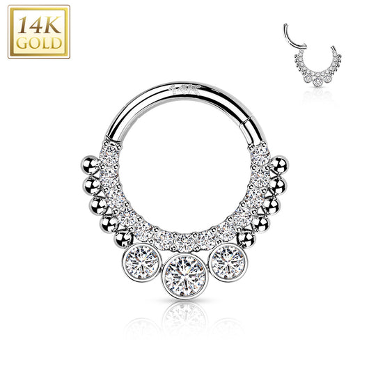 14K Solid Gold Bezel CZ Hinged Segment Hoop Ring Nose Septum Daith
