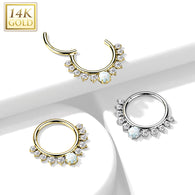 14K Solid Gold CZ Opal Hinged Segment Hoop Ring Nose Septum Daith