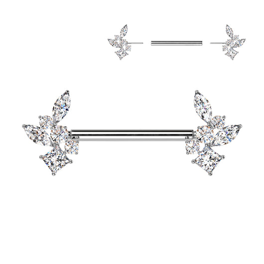 Pair Threadless Nipple Barbell Ring With CZ Cluster