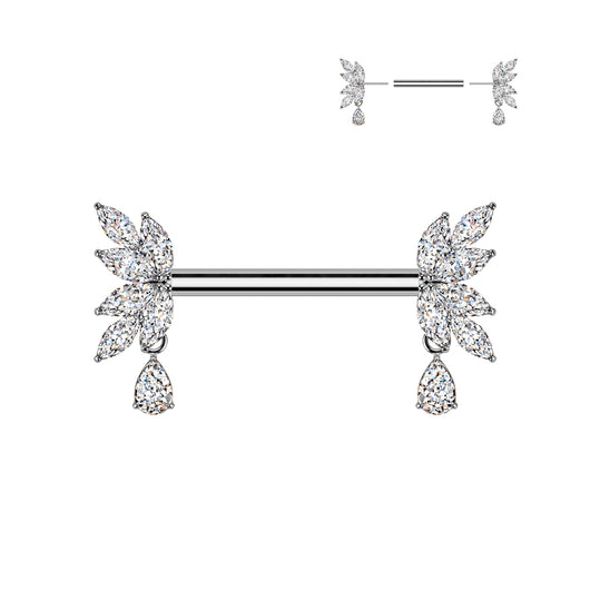 Pair Threadless Nipple Barbell Ring With Teardrop CZ Dangle