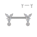 Pair Threadless Nipple Barbell Ring With Butterfly CZ Dangle