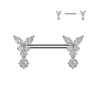 Pair Threadless Nipple Barbell Ring With Butterfly CZ Dangle