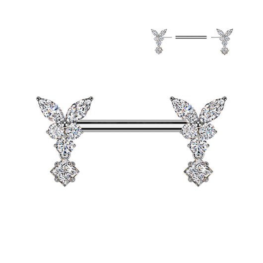 Pair Threadless Nipple Barbell Ring With Butterfly CZ Dangle