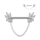 Pair Threadless Nipple Barbell Ring With Marquise CZ Chain Dangle