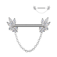 Pair Threadless Nipple Barbell Ring With Marquise CZ Chain Dangle