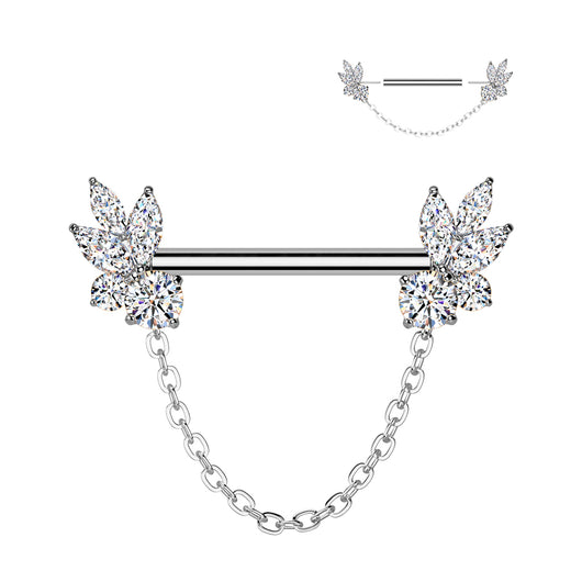 Pair Threadless Nipple Barbell Ring With Marquise CZ Chain Dangle