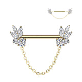 Pair Threadless Nipple Barbell Ring With Marquise CZ Chain Dangle