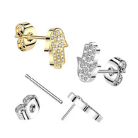 1 Pc Implant Titanium Hamsa Pave CZ Threadless Earring Stud