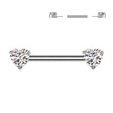 Pair Titanium Threadless Push In Nipple Barbell With Prong Set Heart CZ