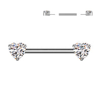Pair Titanium Threadless Push In Nipple Barbell With Prong Set Heart CZ