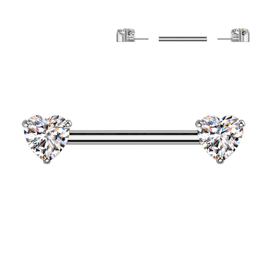 Pair Titanium Threadless Push In Nipple Barbell With Prong Set Heart CZ