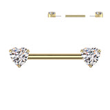 Pair Titanium Threadless Push In Nipple Barbell With Prong Set Heart CZ