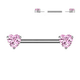 Pair Titanium Threadless Push In Nipple Barbell With Prong Set Heart CZ