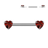 Pair Titanium Threadless Push In Nipple Barbell With Prong Set Heart CZ