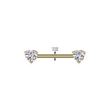 Pair Titanium Threadless Push In Nipple Barbell With Prong Set Heart CZ