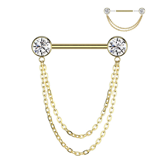Pair Titanium Threadless Push in Nipple Barbell With CZ Double Chain Dangle