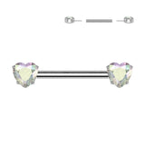 Pair Titanium Threadless Push In Nipple Barbell With Heart CZ Round End