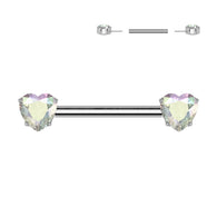 Pair Titanium Threadless Push In Nipple Barbell With Heart CZ Round End