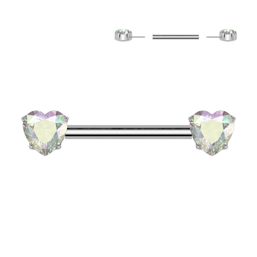Pair Titanium Threadless Push In Nipple Barbell With Heart CZ Round End