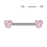 Pair Titanium Threadless Push In Nipple Barbell With Heart CZ Round End