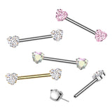 Pair Titanium Threadless Push In Nipple Barbell With Heart CZ Round End