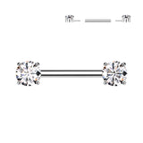 Pair Titanium Threadless Push in Nipple Barbell with Prong CZ