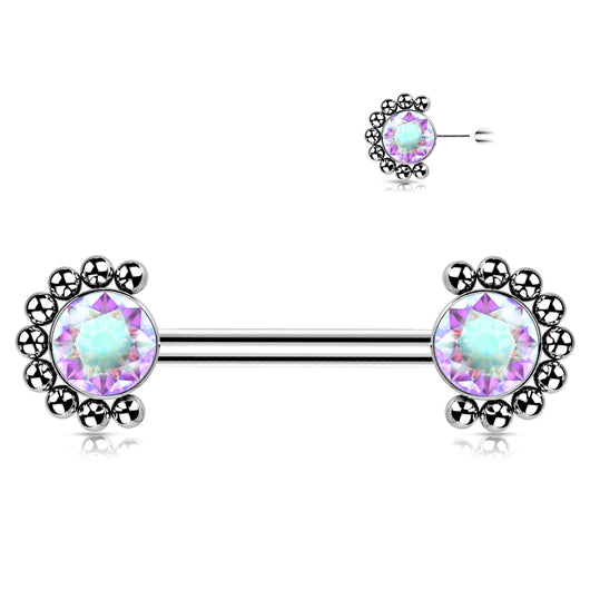 Pair Titanium Threadless Push in Nipple Barbell with Opal & CZ Ball