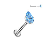 Titanium Threadless Push-In Tear Drop CZ Labret Ear Cartilage Helix 18G
