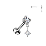 Titanium CZ Dangle Threadless Stud for Labret Tragus Lobe Helix
