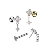 Titanium CZ Dangle Threadless Stud for Labret Tragus Lobe Helix