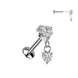 CZ Heart Dangle Titanium Threadless Stud for Labret Tragus Lobe Helix