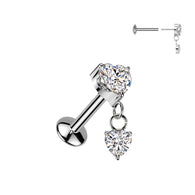 CZ Heart Dangle Titanium Threadless Stud for Labret Tragus Lobe Helix