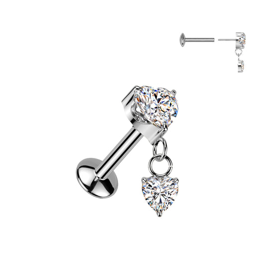 CZ Heart Dangle Titanium Threadless Stud for Labret Tragus Lobe Helix