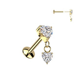 CZ Heart Dangle Titanium Threadless Stud for Labret Tragus Lobe Helix