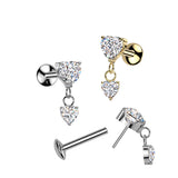 CZ Heart Dangle Titanium Threadless Stud for Labret Tragus Lobe Helix