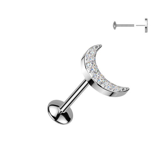 Titanium Threadless Stud with CZ Crescent Moon Labret Tragus Helix