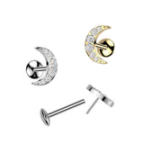 Titanium Threadless Stud with CZ Crescent Moon Labret Tragus Helix