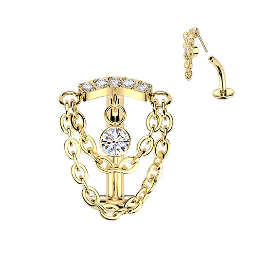 Titanium Threadless Floating Convex Base Double Chain CZ Top Belly Button Ring